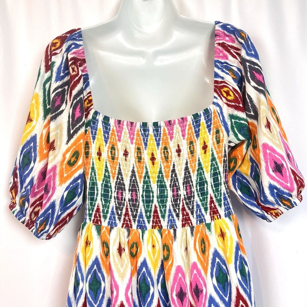 THML Women’s Medium Smocked Ikat Print Midi Dress Puff Sleeve Boho Cottagecore - Picture 7 of 10